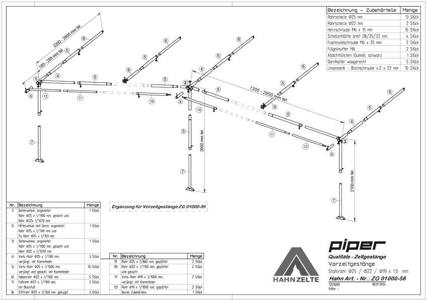 Vorzelt Gestänge 25mm Piper bis Gr. 10 bis 280cm tiefe Zelte