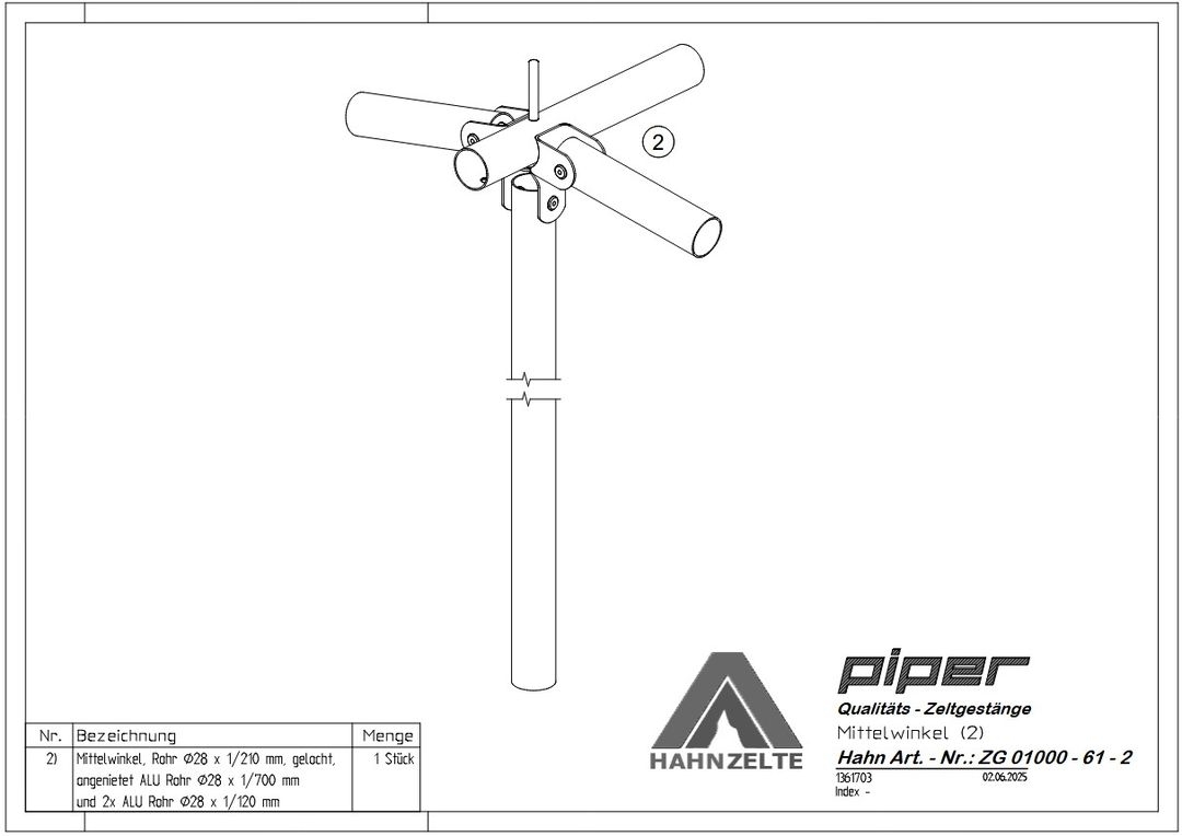 Mittelwinkel Nr. 2 aus 28mm Vorzelt Gestänge Alu ZG01000-61