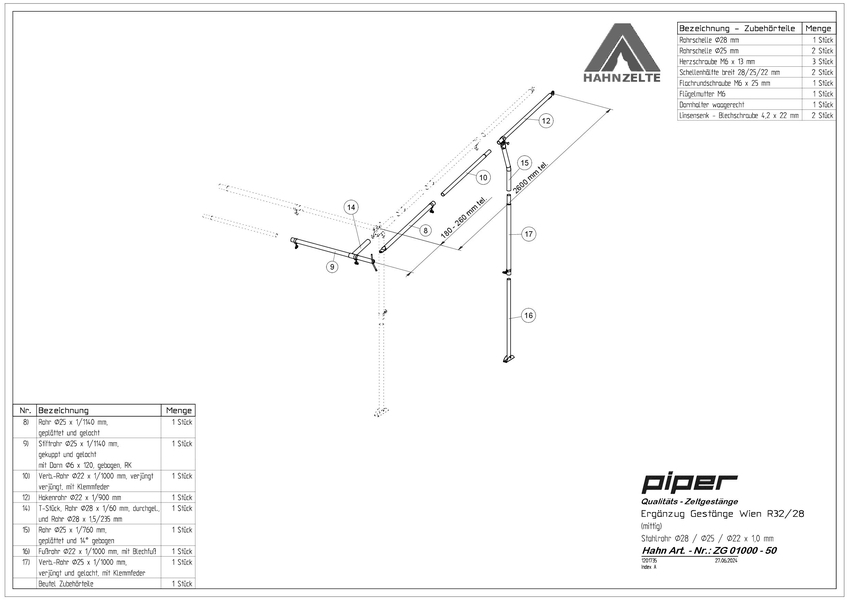 Wien + Friesland Zusatzpaket Mitteleinzug für Gestänge Piper 32 mm Stahl