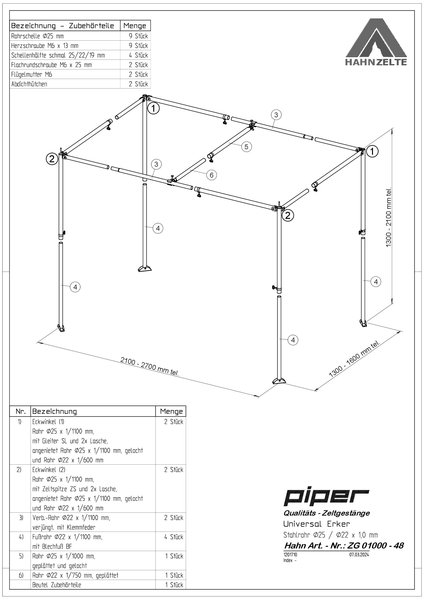 Erker Gestänge Piper 25 mm Stahl