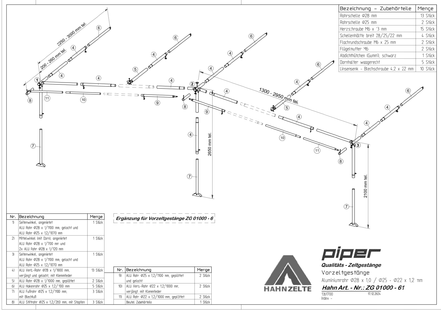 Vorzelt Gestänge 28mm Alu Piper (5 Dachstangen, 3 Beine + Vordachgestänge) bis Gr. 10 bis 300cm tiefe Zelte