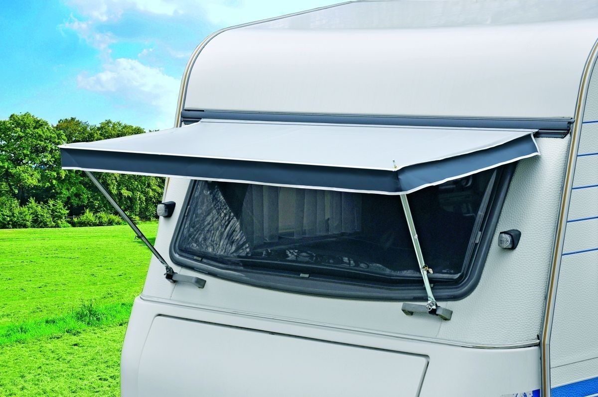 Hahn Zelte Fenstermarkise PVC Größe 180 x 80 cm mit Gestänge, Blende dunkelgrau