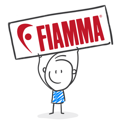 Comicfigur mit Fiamma-Schild in den Händen